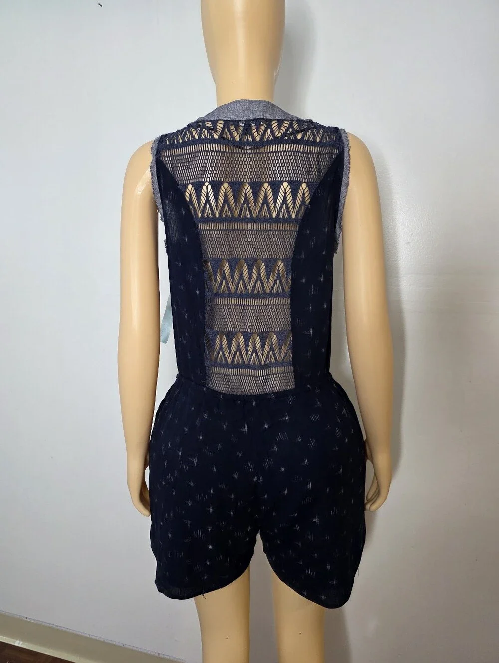Miss Me Navy Blue Sleeveless Romper with Embroidered Placket Size US/L